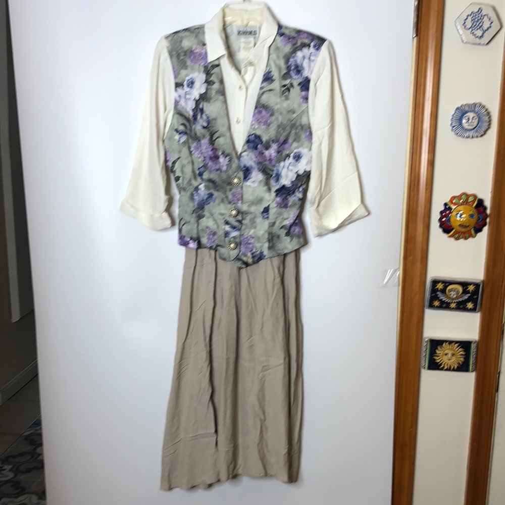 Vintage Just In Thyme Womens Long Sleeve w/ Vest Floral Gray Cream Dress Size 10